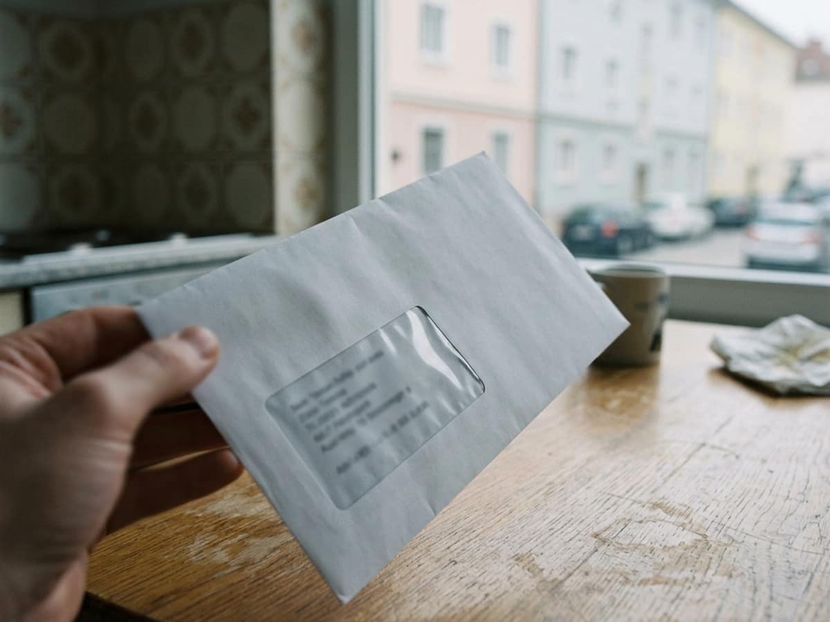 Hand hält ein weißes Fensterkuvert über einem Küchentisch am Fenster