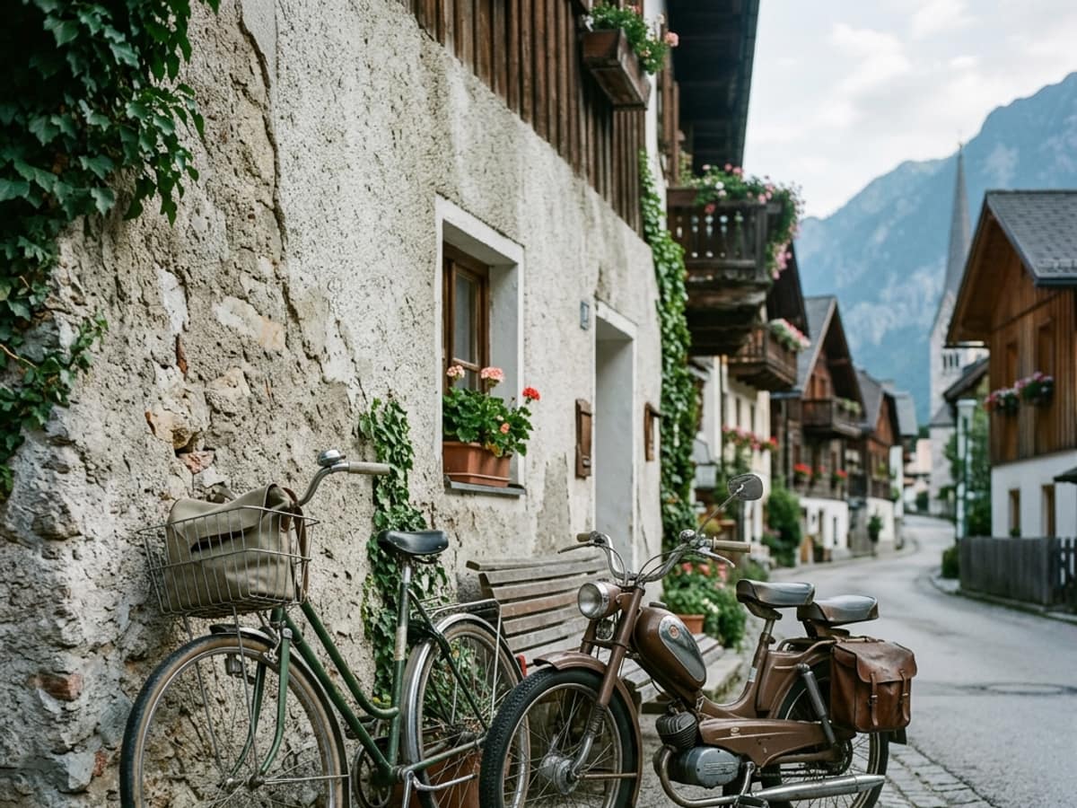 Fahrrad und Moped an einer Hausmauer in einem österreichischen Ort am Morgen