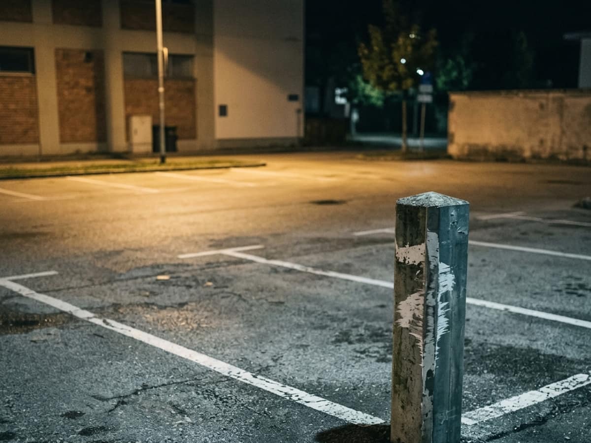 Leere Parklücke bei Nacht mit einem zerkratzten Begrenzungspfosten im Laternenlicht