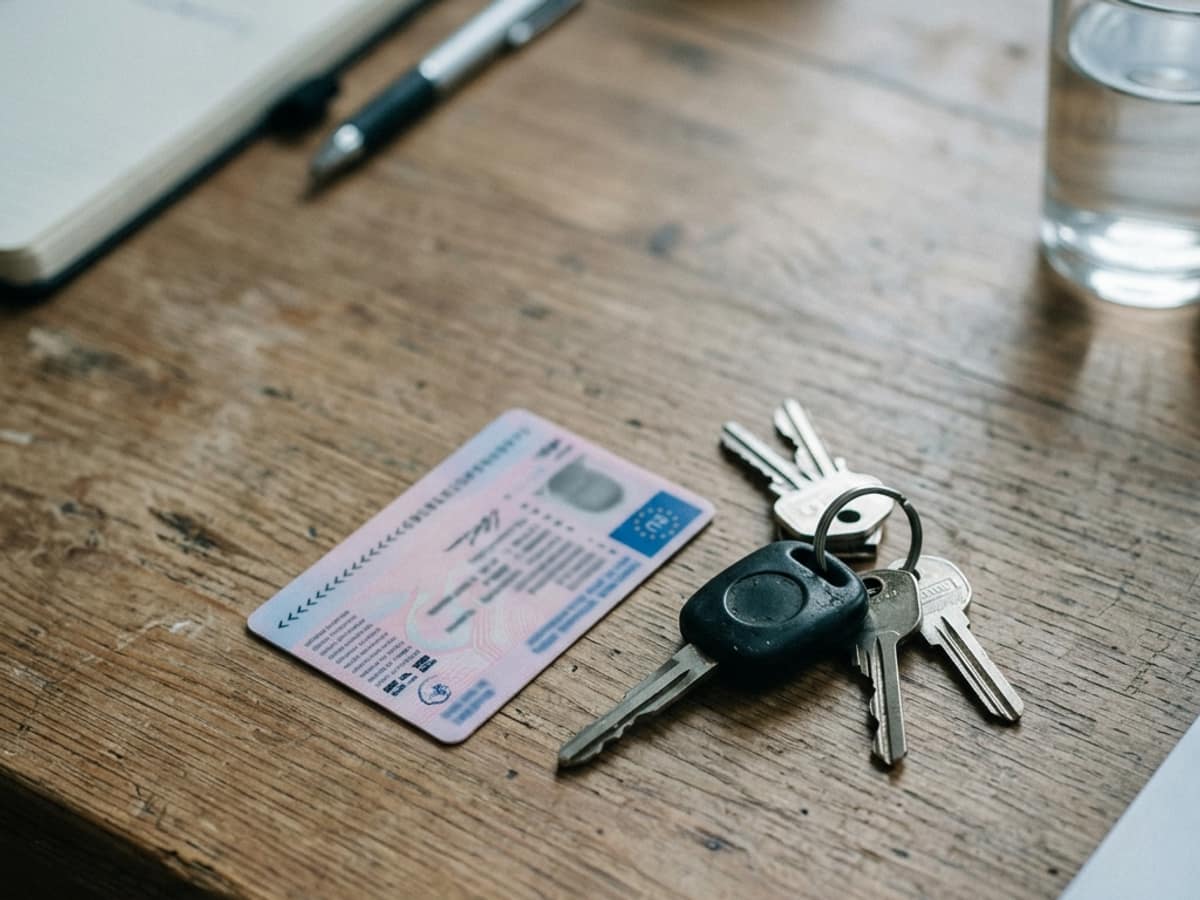 Scheckkartenführerschein auf einem Schreibtisch neben einem Autoschlüsselbund, Aufsicht