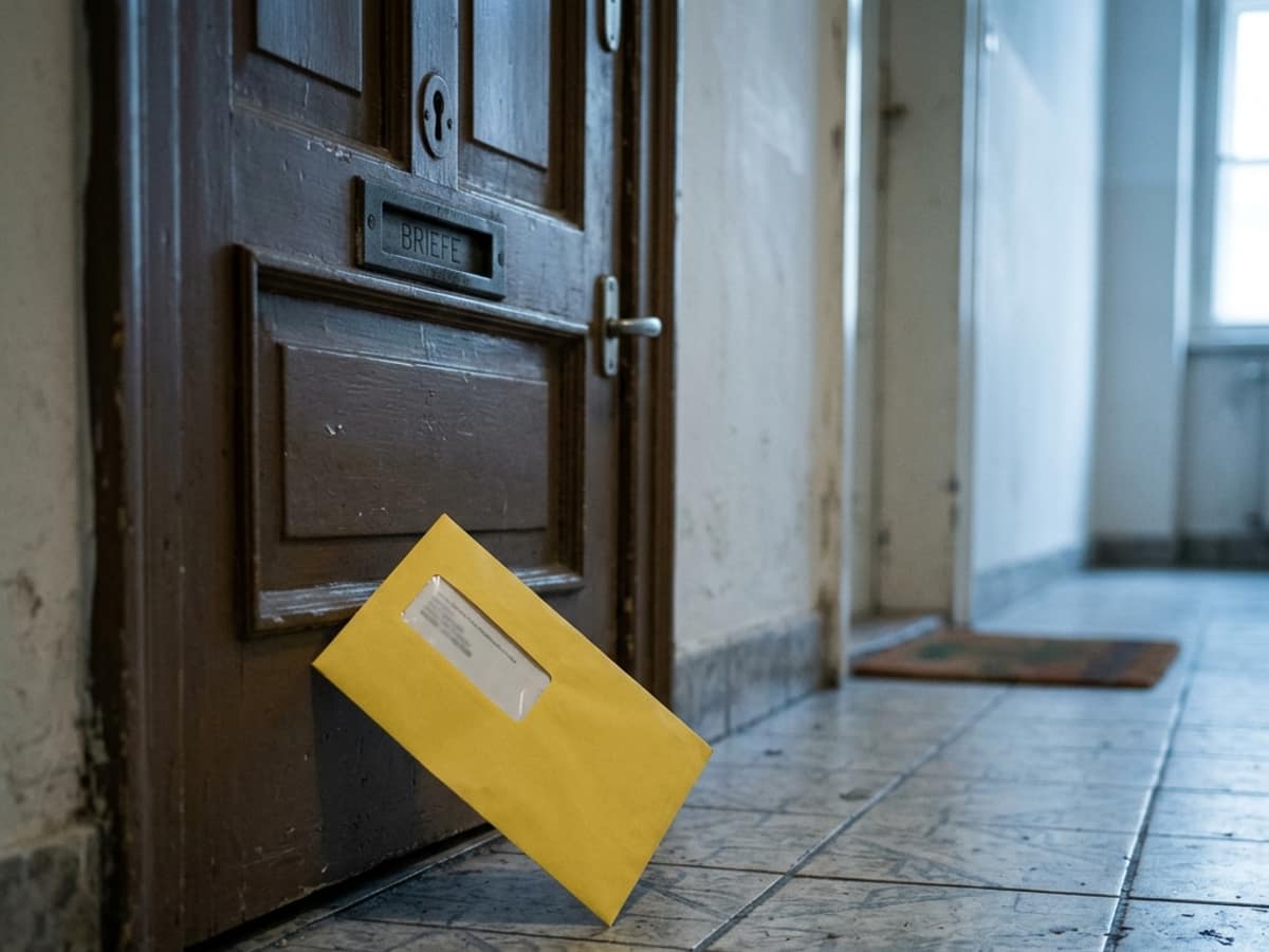 Gelbes Fensterkuvert auf dem Fliesenboden eines Stiegenhauses vor einer Wohnungstür