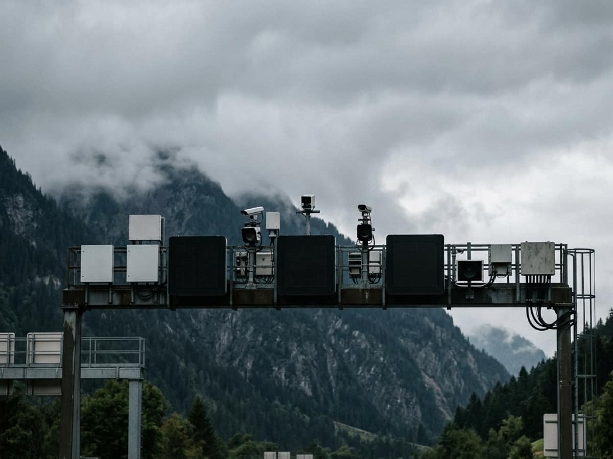 Section-Control-Portal mit Kameras über einer Autobahn vor bewölkter Bergkulisse